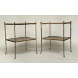 FAUX BAMBOO ETAGERES, early 20th century Regency style, gilt metal framed each with two leather