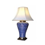 TABLE LAMPS, pair, 68cm high, 46cm diameter, blue and white transfer printed fish motifs, white