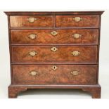 CHEST, early 18th century English Queen Anne, burr walnut and crossbanded with two short above three