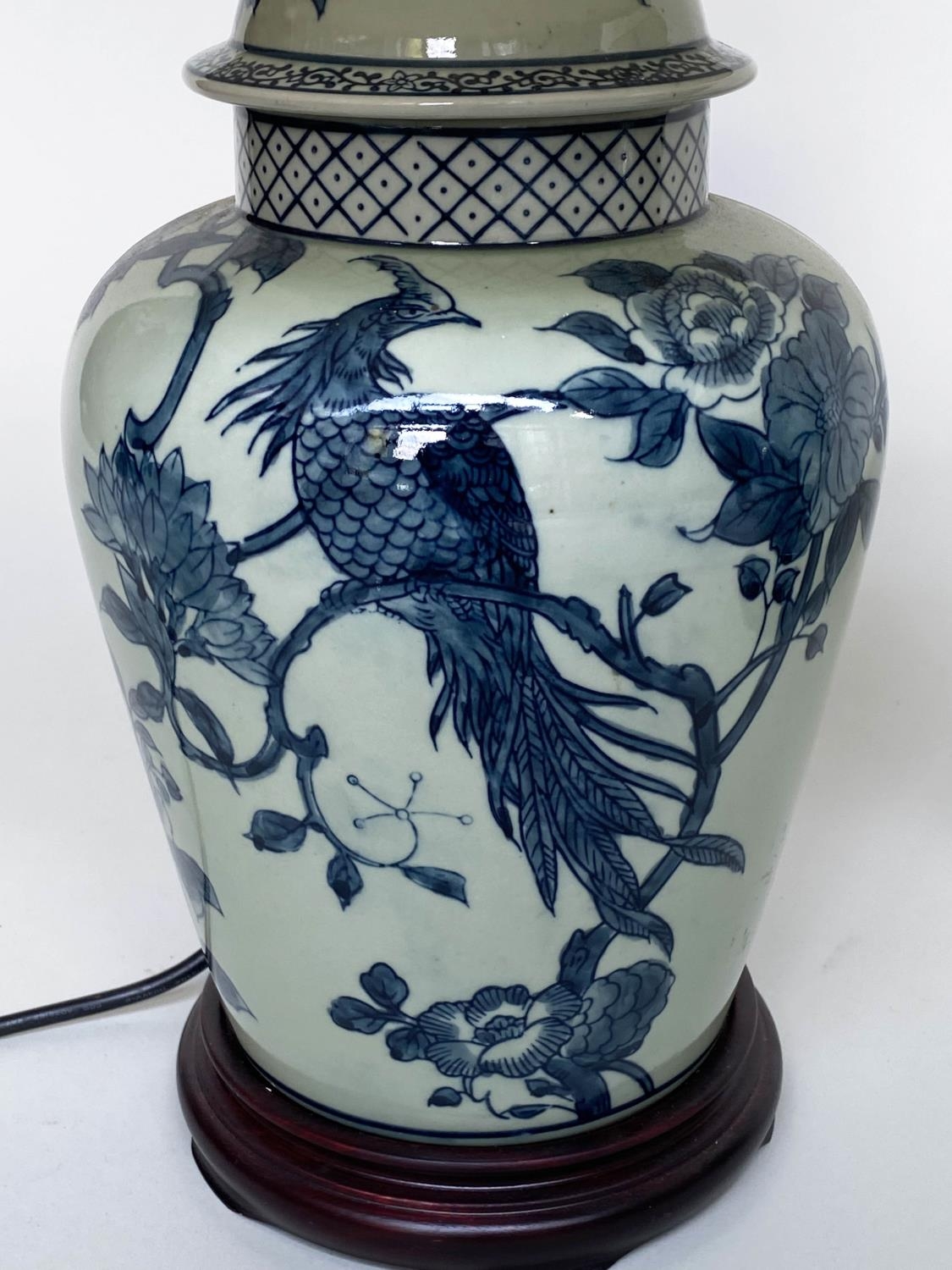 TABLE LAMPS, a pair, Chinese blue and white ceramic of ginger jar form depicting birds of - Image 2 of 4
