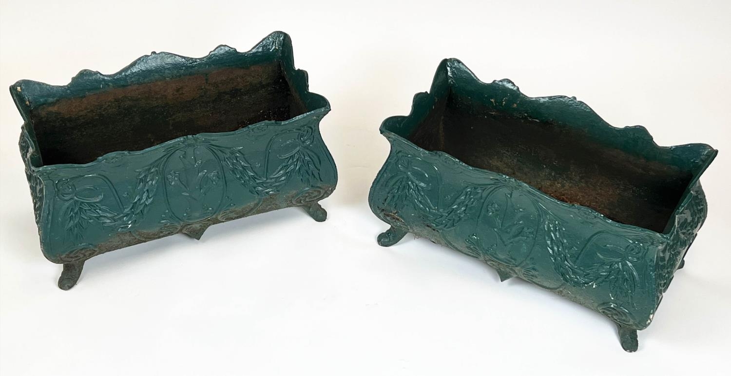 PLANTERS, a pair, 19th century French green painted cast iron, 34cm H x 60cm. (2) - Image 2 of 7
