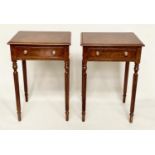LAMP TABLES, a pair, Regency style burr walnut and crossbanded each with drawer and reeded