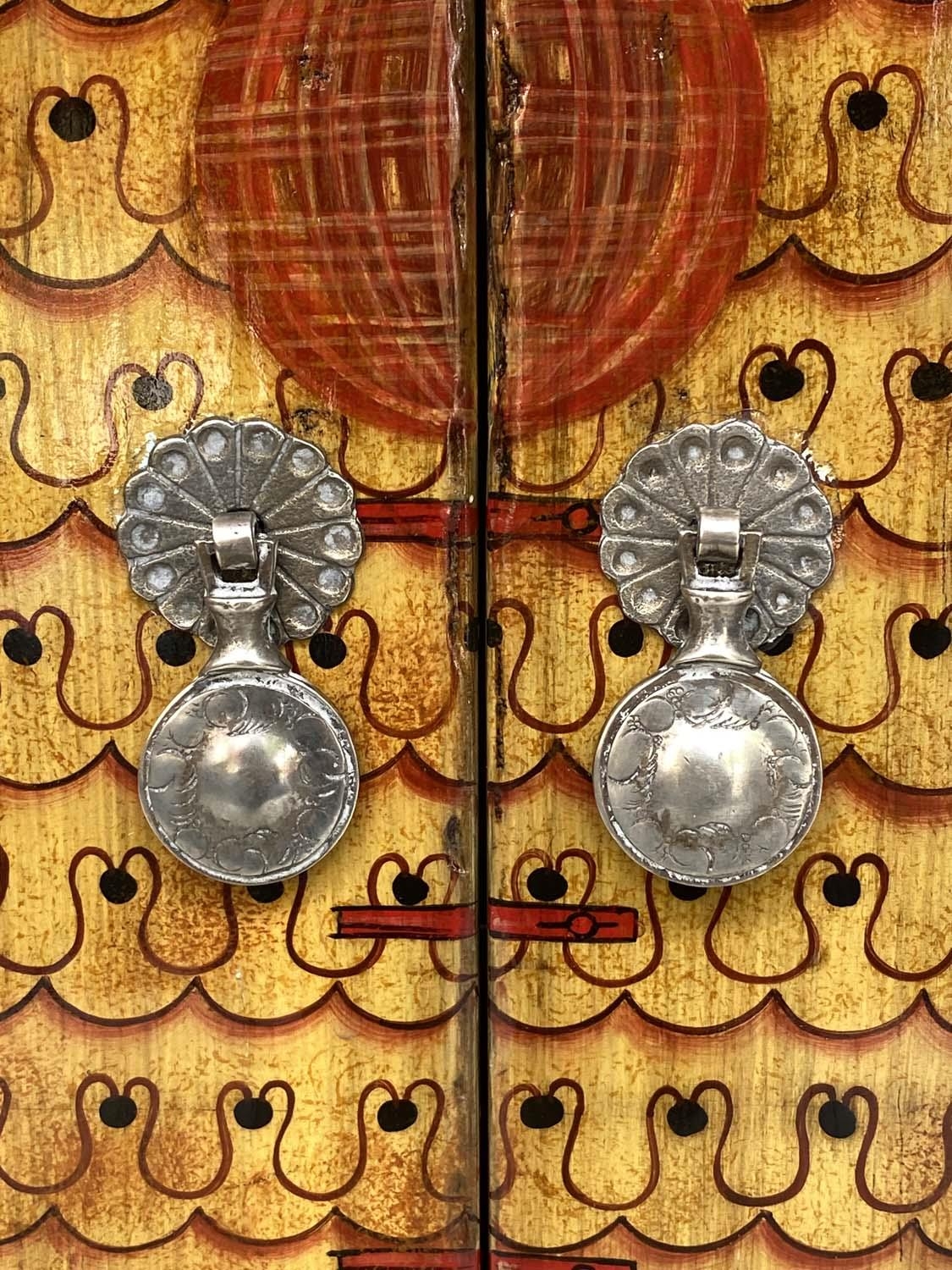 CHINESE SIDE CABINET, vintage pale green lacquered with ancestral coat chinoiserie decorated pair of - Image 8 of 8