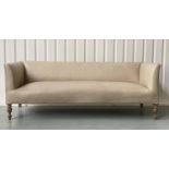 SOFA, beige leather and studded linen hessian with turned front supports and outswept arms, 200cm