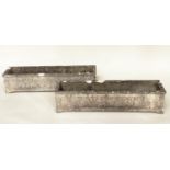 GARDEN PLANTERS/WINDOW BOXES, a pair, well weathered reconstituted stone each with classical frieze,