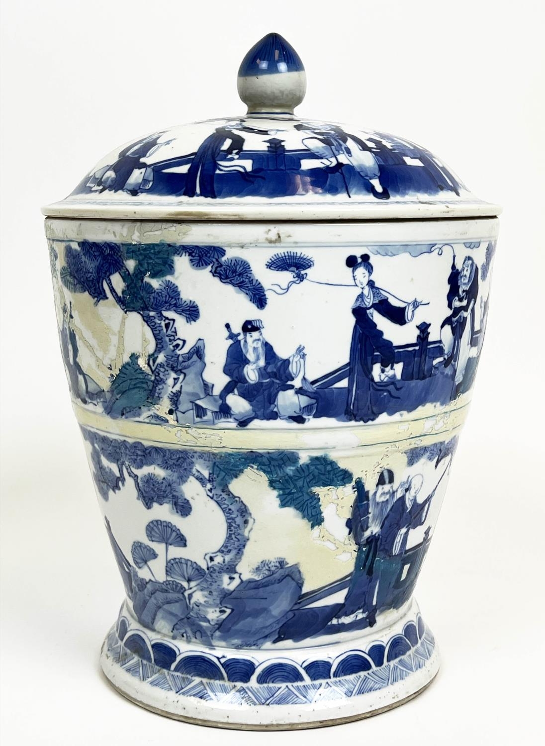 CHINESE JAR AND COVER, 19th century blue and white decorated with figures in various garden