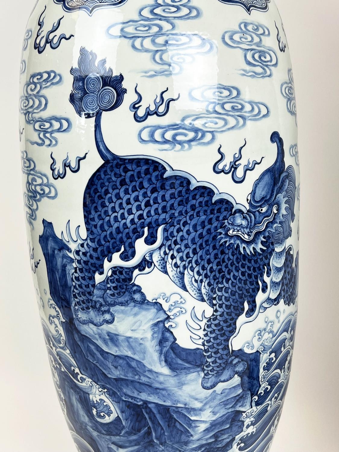 LIDDED TEMPLE VASES, a pair, Chinese blue and white decorated with mythical lions, dragons bats - Image 3 of 5