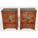 CHINESE CABINETS, a pair, early 20th century scarlet lacquered and gilt Chinoiserie decorated each