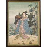 EARLY 20TH CENTURY ASIAN SCHOOL, 'Woman with pillow box in a landscape', watercolour, 113cm x 74cm.