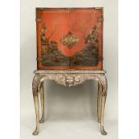CABINET ON STAND, 1920s scarlet lacquered, gilt polychrome chinoiserie decoration and gilt metal