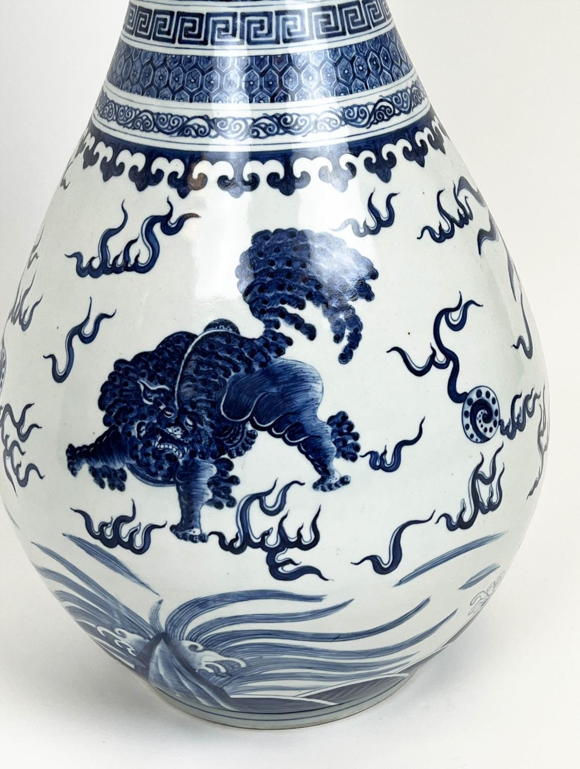 CHINESE BOTTLE VASE, Kangxi style, decorated with a Buddhist lions and deer with shaped lip, 79cm H. - Image 4 of 5