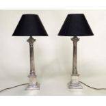 COLUMN TABLE LAMPS, a pair, silvered Corithian capped fluted columns with plinths and shades, 73cm