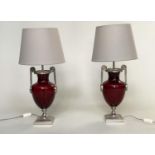 TABLE LAMPS BY CHARLES EDWARDS, a pair, ruby glass and silvered metal mounted, with shades, 69cm