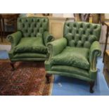 ARMCHAIRS, 89cm H x 86cm, a pair, Georgian style in green leather. (2)