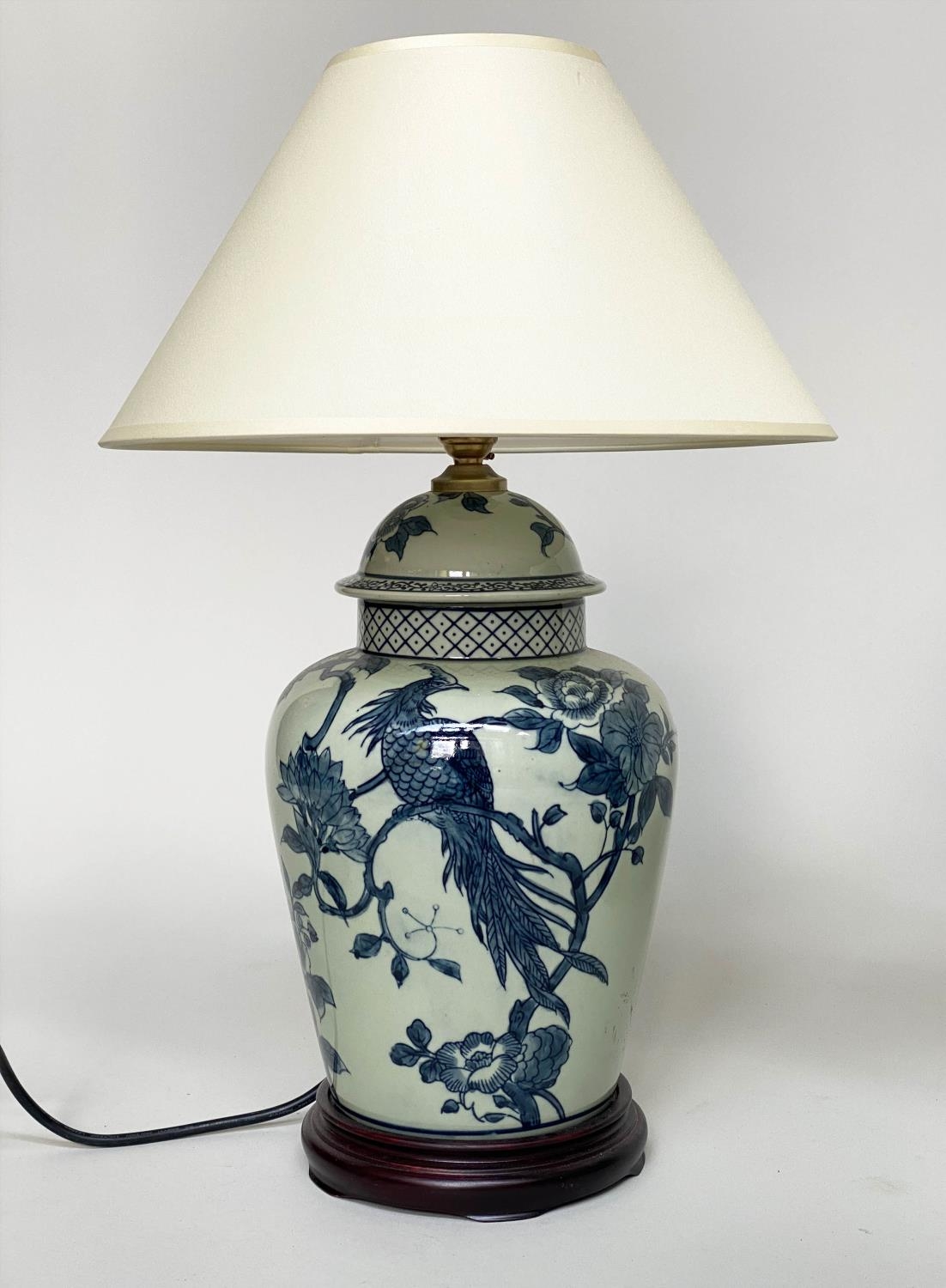 TABLE LAMPS, a pair, Chinese blue and white ceramic of ginger jar form depicting birds of - Image 3 of 4