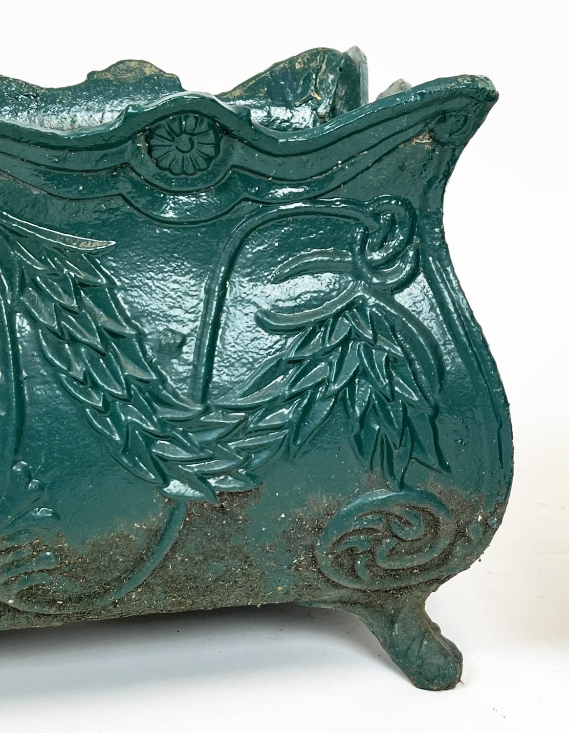 PLANTERS, a pair, 19th century French green painted cast iron, 34cm H x 60cm. (2) - Image 7 of 7