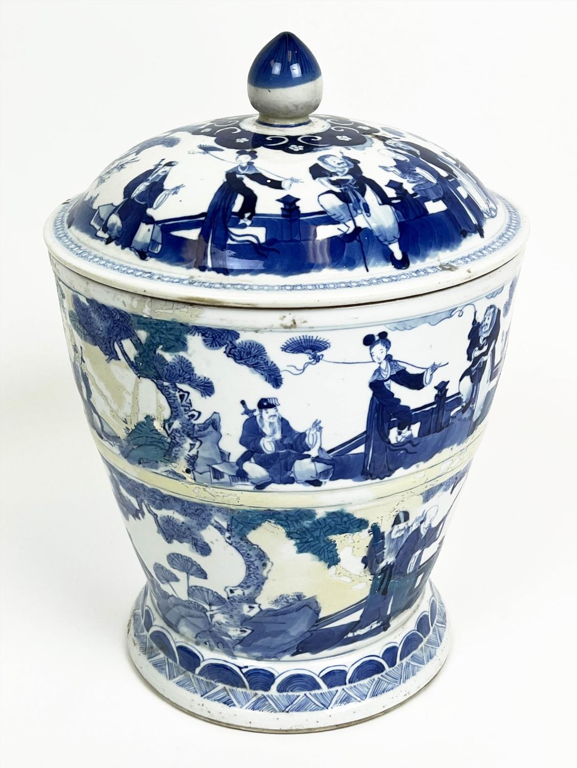 CHINESE JAR AND COVER, 19th century blue and white decorated with figures in various garden - Image 2 of 7
