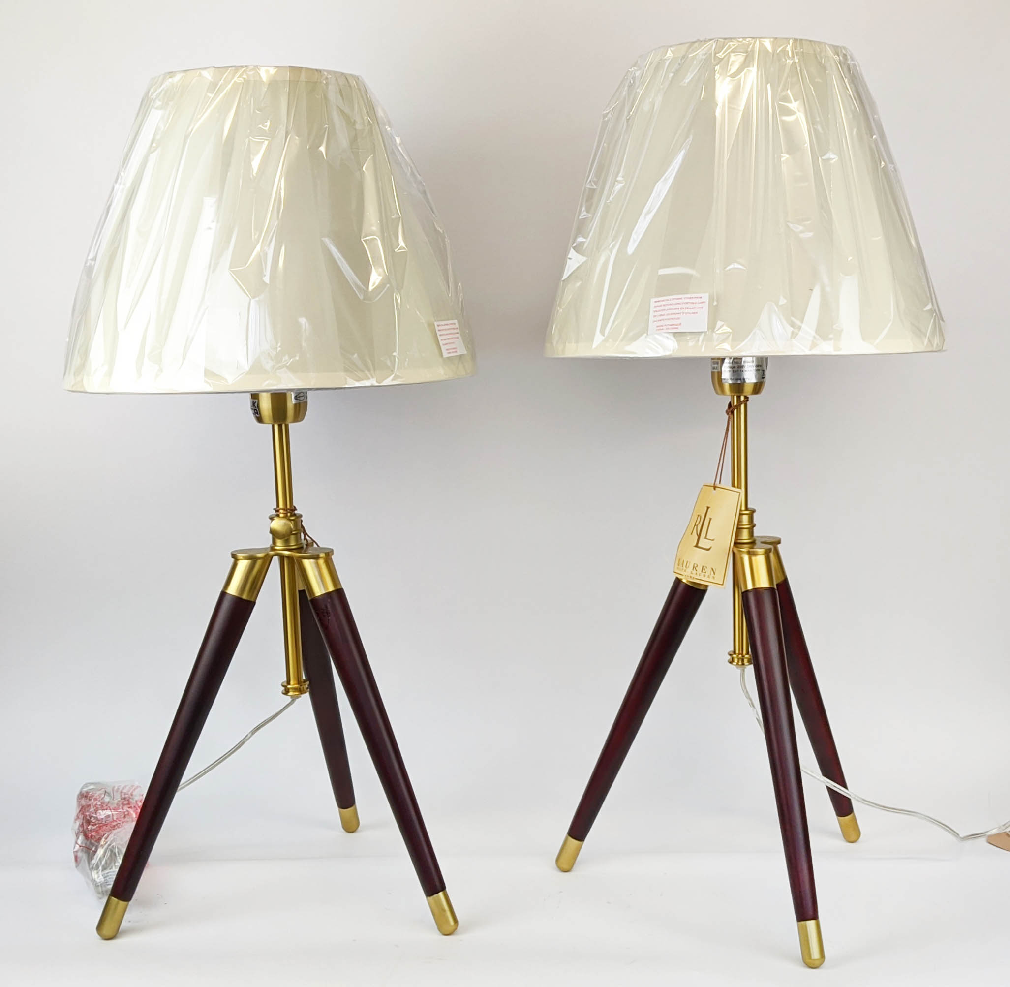 LAUREN RALPH LAUREN HOME TABLE LAMPS, a pair, tripod design, with shades, 85cm H at tallest. (2)