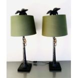 TABLE LAMPS, a pair, 84cm high x 36cm diameter, green shades, palm tree bases with a climbing