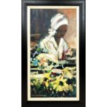 MAURO CHIARLA (b.1949), 'Woman in the flower market', oil on canvas, 77cm x 38cm, framed.