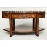 LOW TABLE BY THEODORE ALEXANDER, elliptical flame mahogany with gilt metal gallery, drawers and