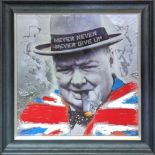 CONTEMPORARY SCHOOL, print of Winston Churchill, with relief detail, framed, 86cm x 86cm.