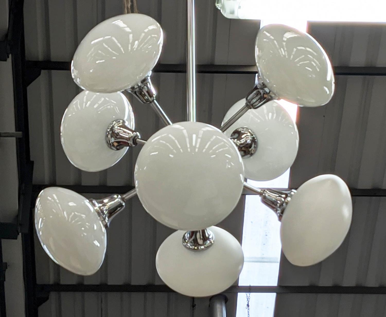 CHANDELIER, 1970's style design, white glass shades, eight branch, 80cm drop.