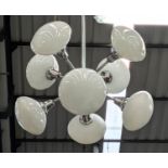 CHANDELIER, 1970's style design, white glass shades, eight branch, 80cm drop.