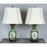 MAITLAND-SMITH TABLE LAMPS, a pair, Chinoiserie design hand painted ceramic with hardwood bases