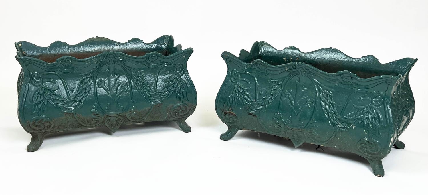 PLANTERS, a pair, 19th century French green painted cast iron, 34cm H x 60cm. (2) - Image 6 of 7