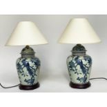 TABLE LAMPS, a pair, Chinese blue and white ceramic of ginger jar form depicting birds of