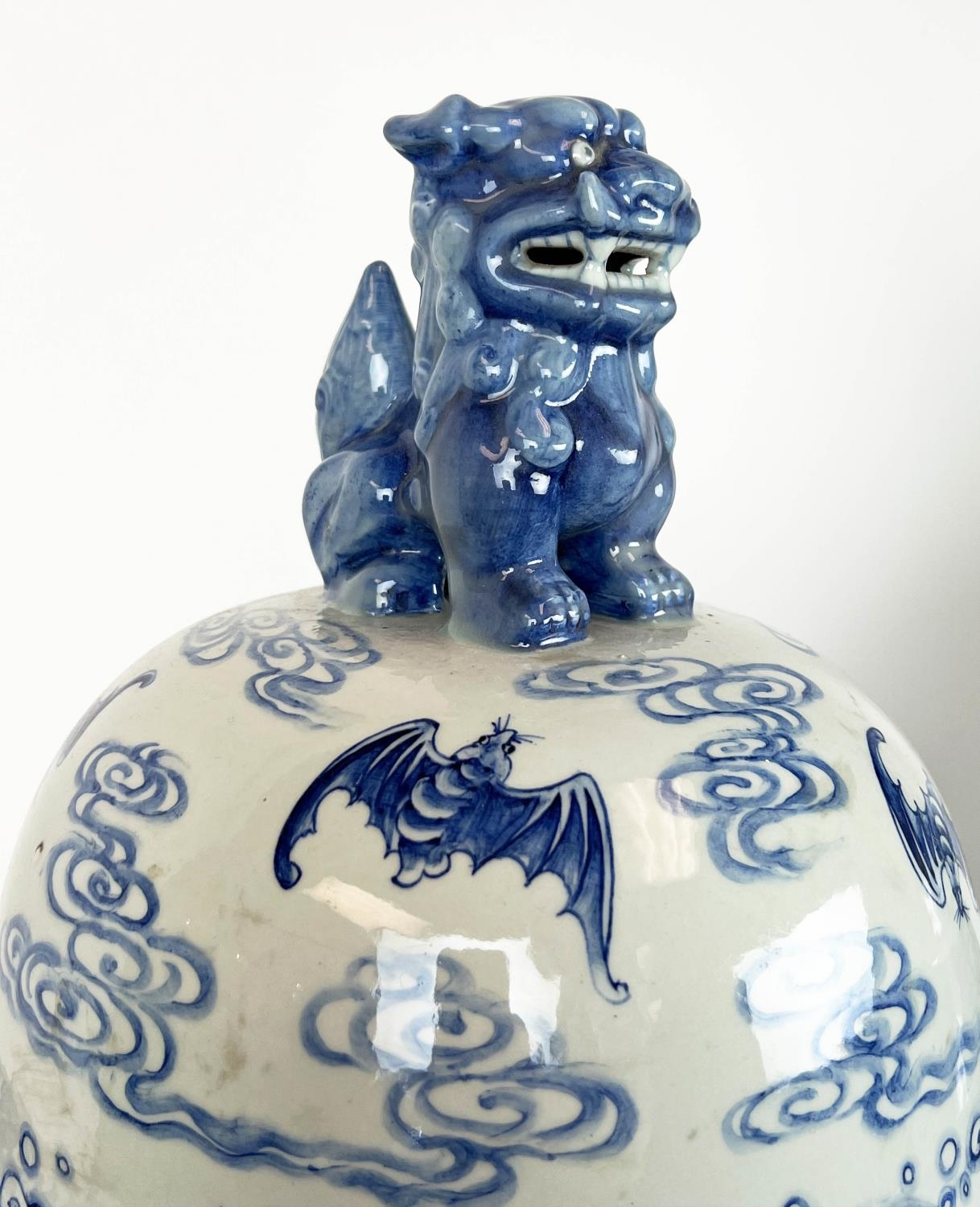 LIDDED TEMPLE VASES, a pair, Chinese blue and white decorated with mythical lions, dragons bats - Image 4 of 5