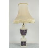 LAMP, urn form white marble and amethyst with silk shade, 87cm H