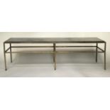 LOW TABLE, 1960s rectangular variegrated green marble on patinated verdigris gilt metal support,