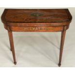 SATINWOOD CARD TABLE, George III with painted D foldover baize lined top having central medallion
