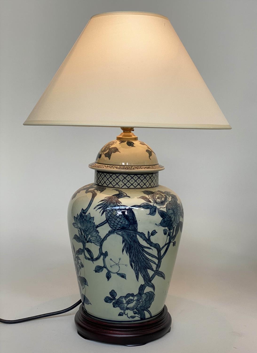 TABLE LAMPS, a pair, Chinese blue and white ceramic of ginger jar form depicting birds of - Image 4 of 4