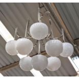 CHANDELIER, vintage 1970's, white glass shades, polished metal frame, 100cm drop.