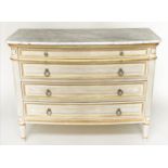 COMMODE, French Louis XVI style grey painted and parcel gilt with four long drawers and slide and