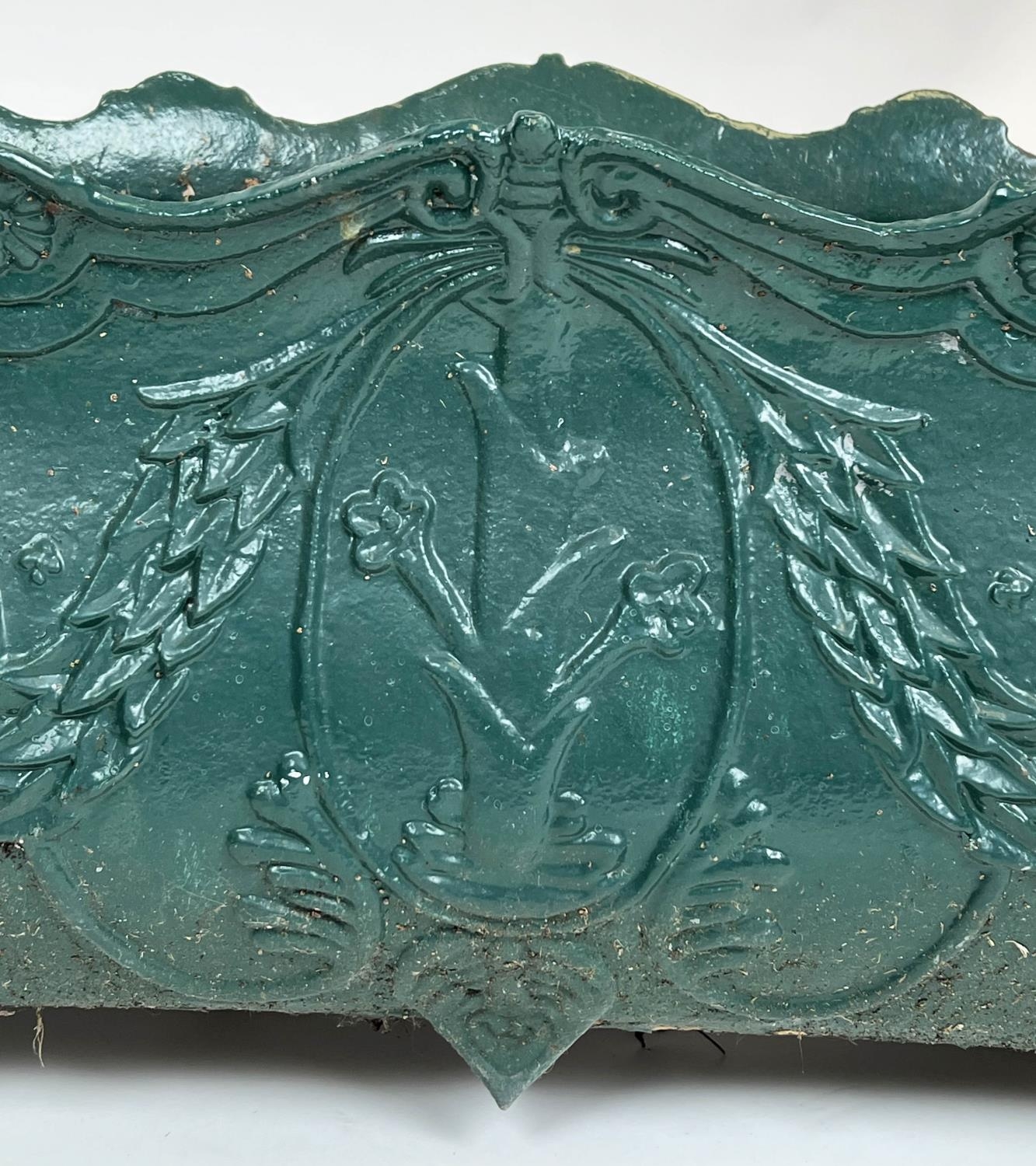 PLANTERS, a pair, 19th century French green painted cast iron, 34cm H x 60cm. (2) - Image 3 of 7