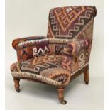 KELIM ARMCHAIR, Victorian walnut and Kelim upholstered with scroll arms and turned supports, 86cm
