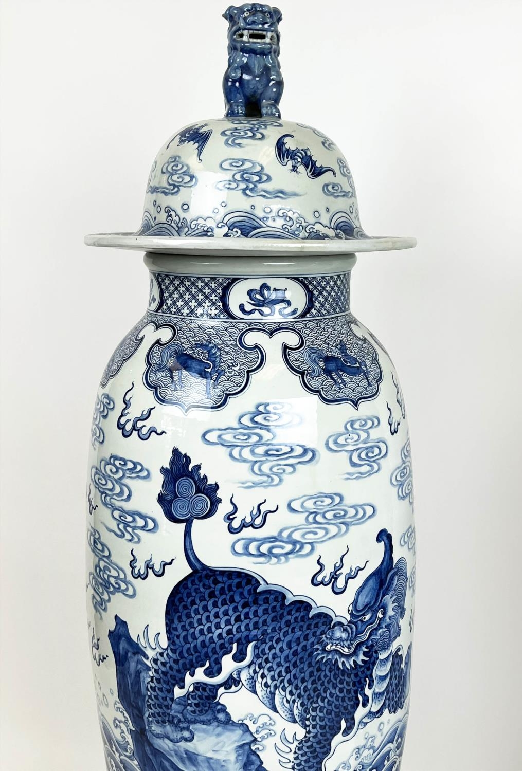 LIDDED TEMPLE VASES, a pair, Chinese blue and white decorated with mythical lions, dragons bats - Image 5 of 5