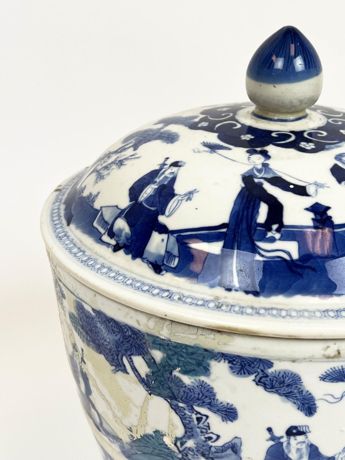 CHINESE JAR AND COVER, 19th century blue and white decorated with figures in various garden - Image 6 of 7