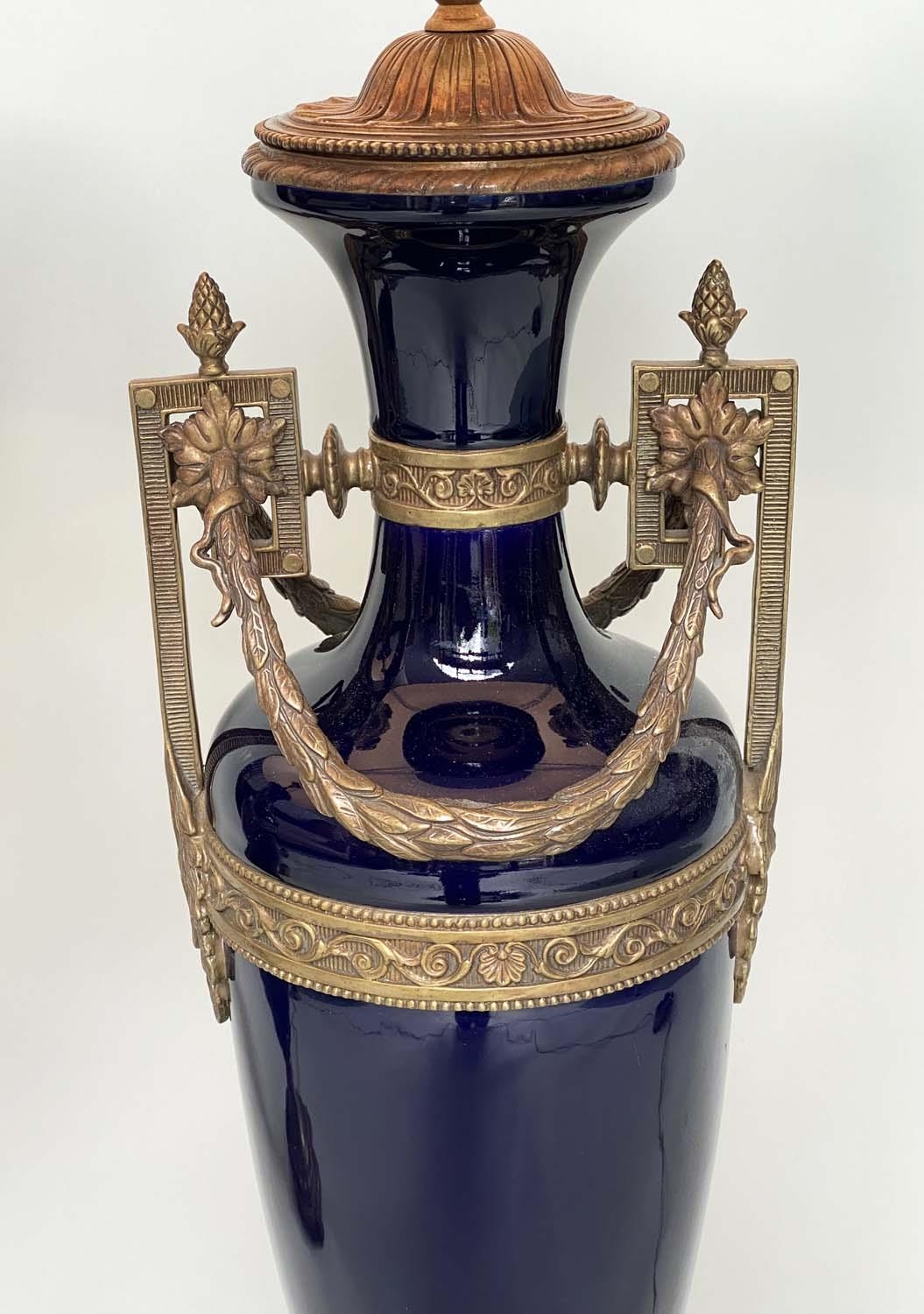 TABLE LAMPS, a pair, Neo Classical style deep blue glazed ceramic and gilt metal mounted of vase - Image 2 of 5