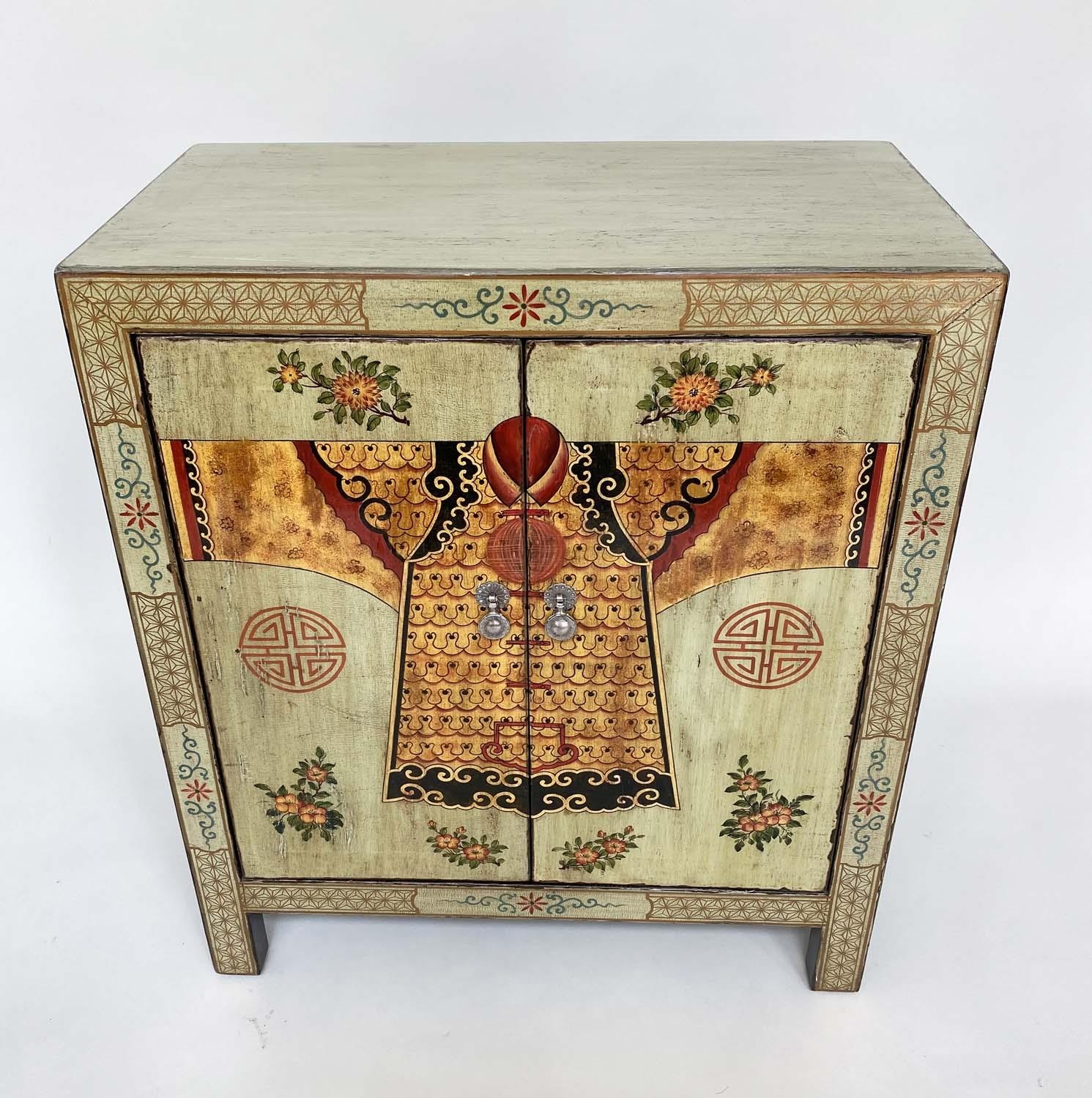 CHINESE SIDE CABINET, vintage pale green lacquered with ancestral coat chinoiserie decorated pair of - Image 5 of 8