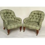 ARMCHAIRS, a pair, Victorian walnut with green check/tartan upholstery, deep button back scroll arms