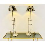 TABLE LAMPS, a pair, 68cm high x 20cm diameter, adjustable height, zebra print shades. (2)