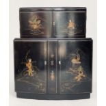 CHINOISERIE BAR, 1930s black lacquered and polychrome gilt decorated with two parts of panelled