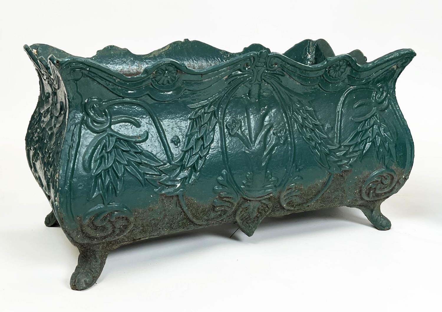 PLANTERS, a pair, 19th century French green painted cast iron, 34cm H x 60cm. (2) - Image 5 of 7