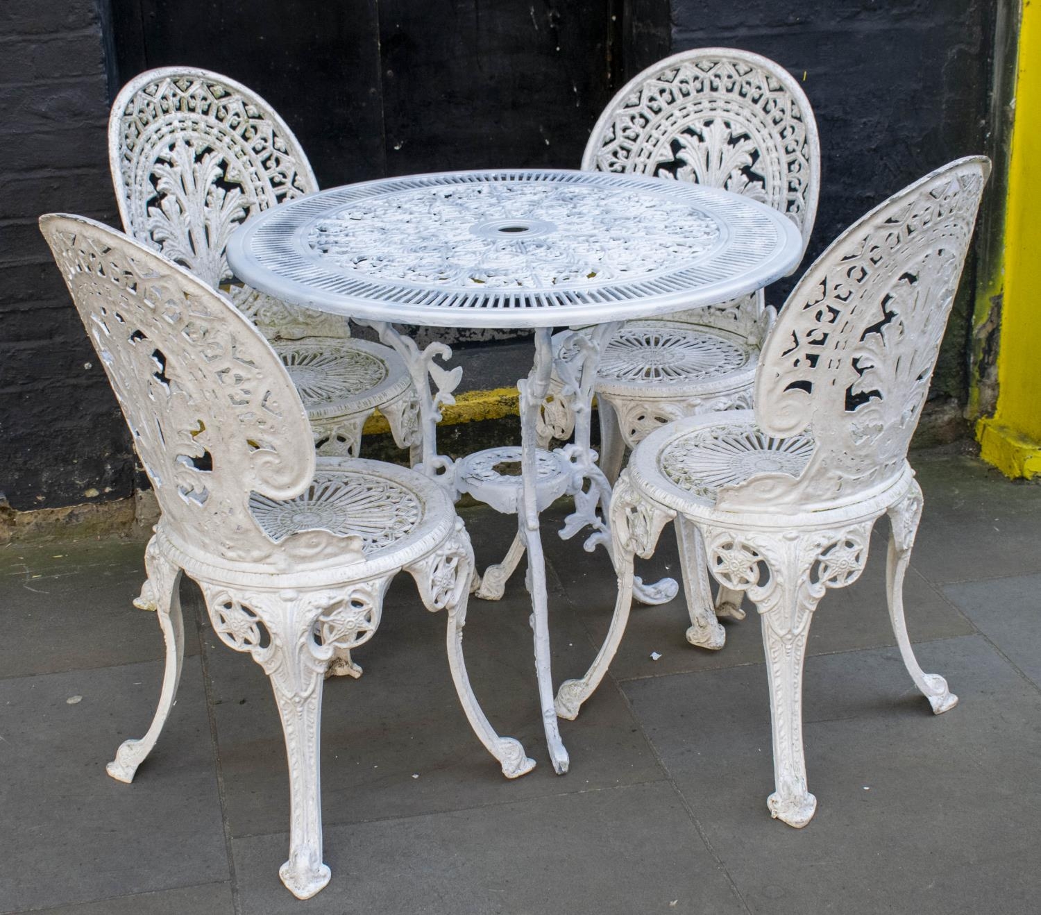 GARDEN TABLE, 69cm H x 80cm D, white painted aluminium with circular top and a set of four