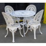 GARDEN TABLE, 69cm H x 80cm D, white painted aluminium with circular top and a set of four